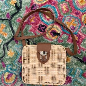 Mud Pie Tan and Brown Woven Crossbody Bag